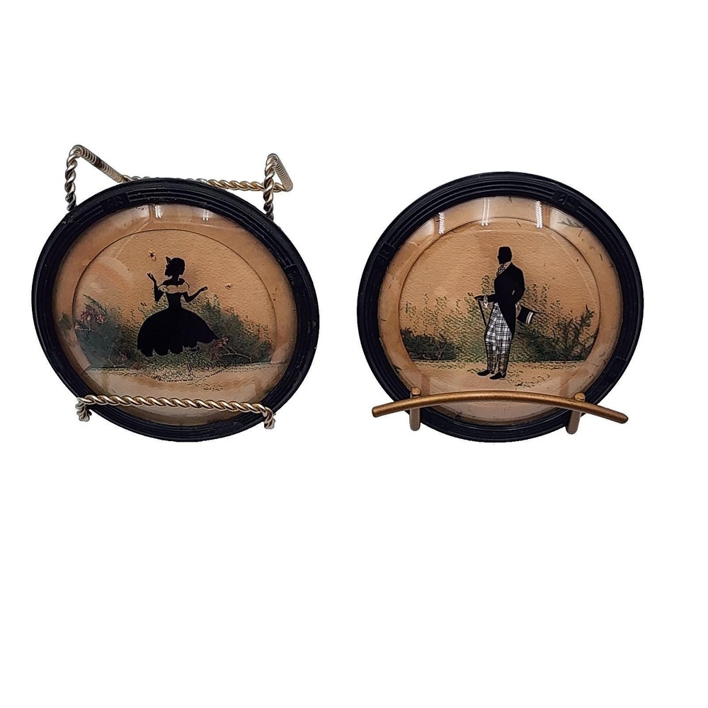 Vintage 30s Reverse Painted Silhouette Pair Lady Gentleman Convex Glass Round 5"